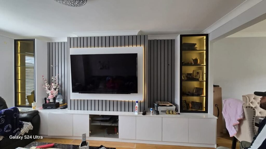 Living Room Cabinet with Slatted Wall and Glass Display Units