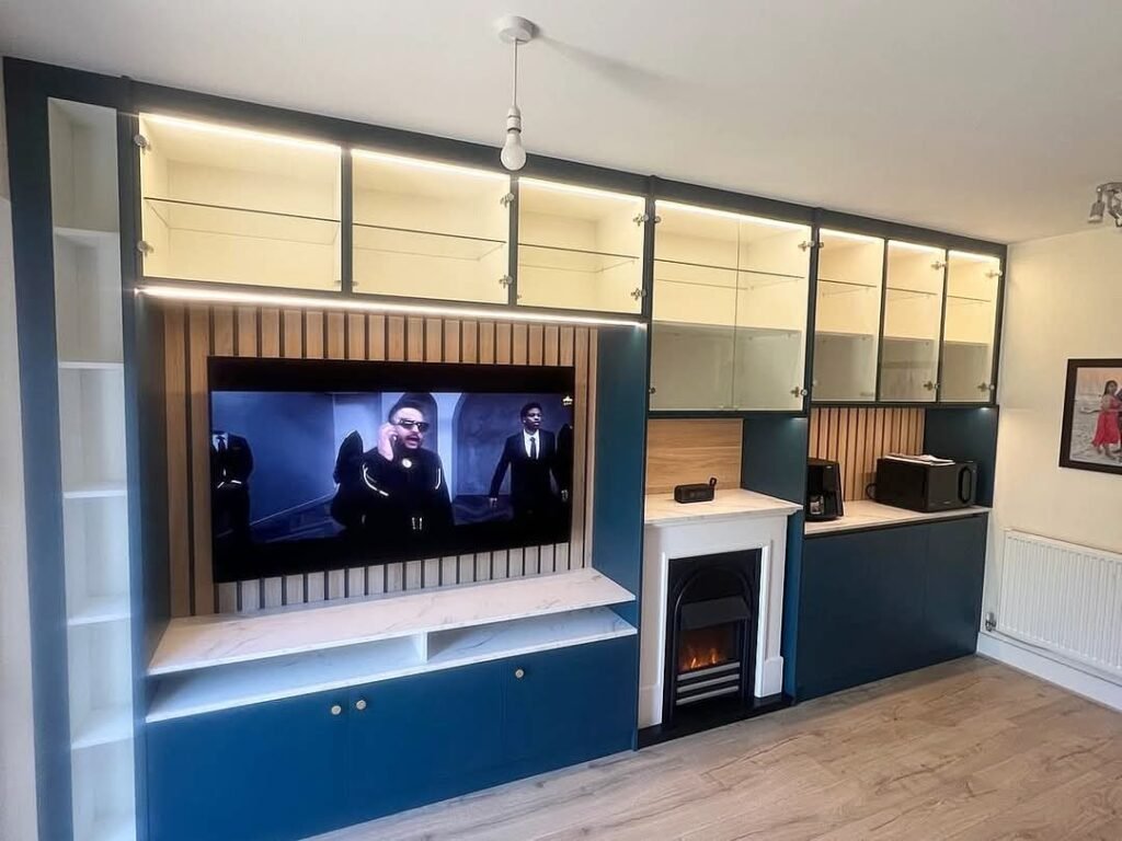 Living Room Storage Units with Feature Wall and Display Shelves