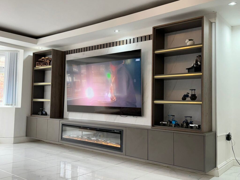 Modern Living Room Storage Cabinet with Display Shelves and Fireplace