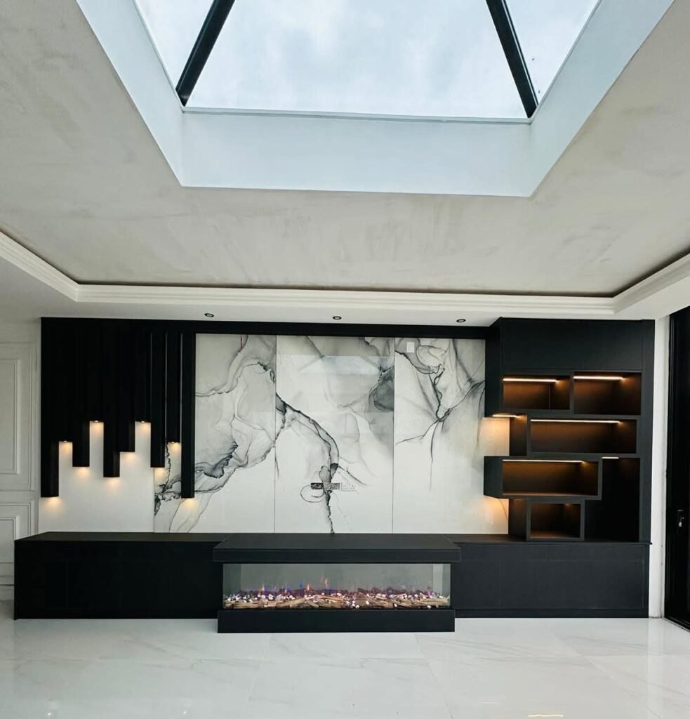 Modern Living Room Storage Cabinet with Marble Wall and Fireplace 1