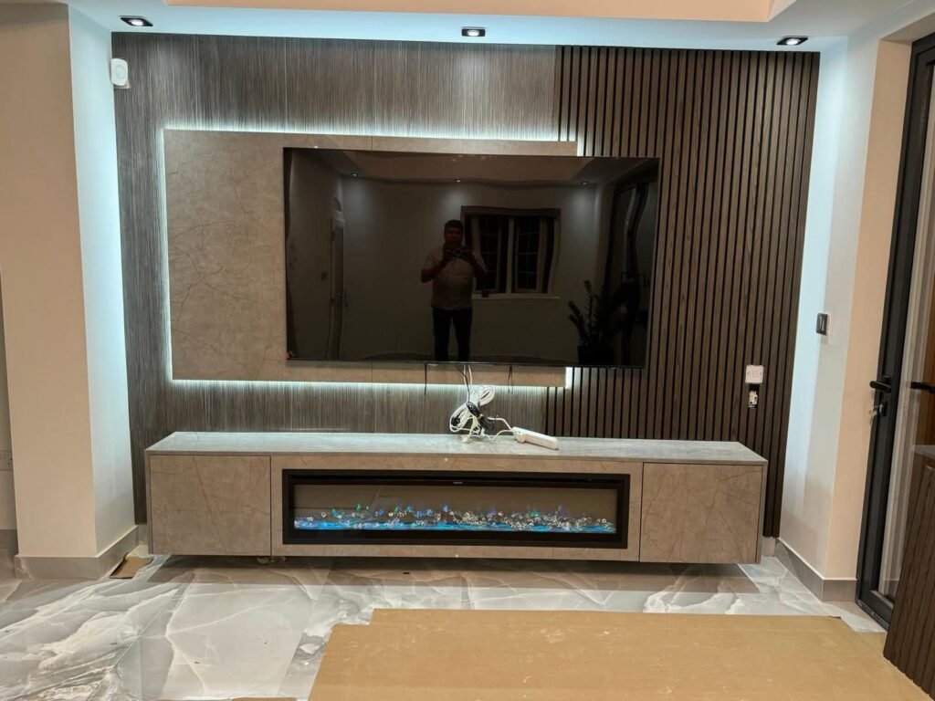 Small Living Room Cabinet with Marble Console and Fireplace