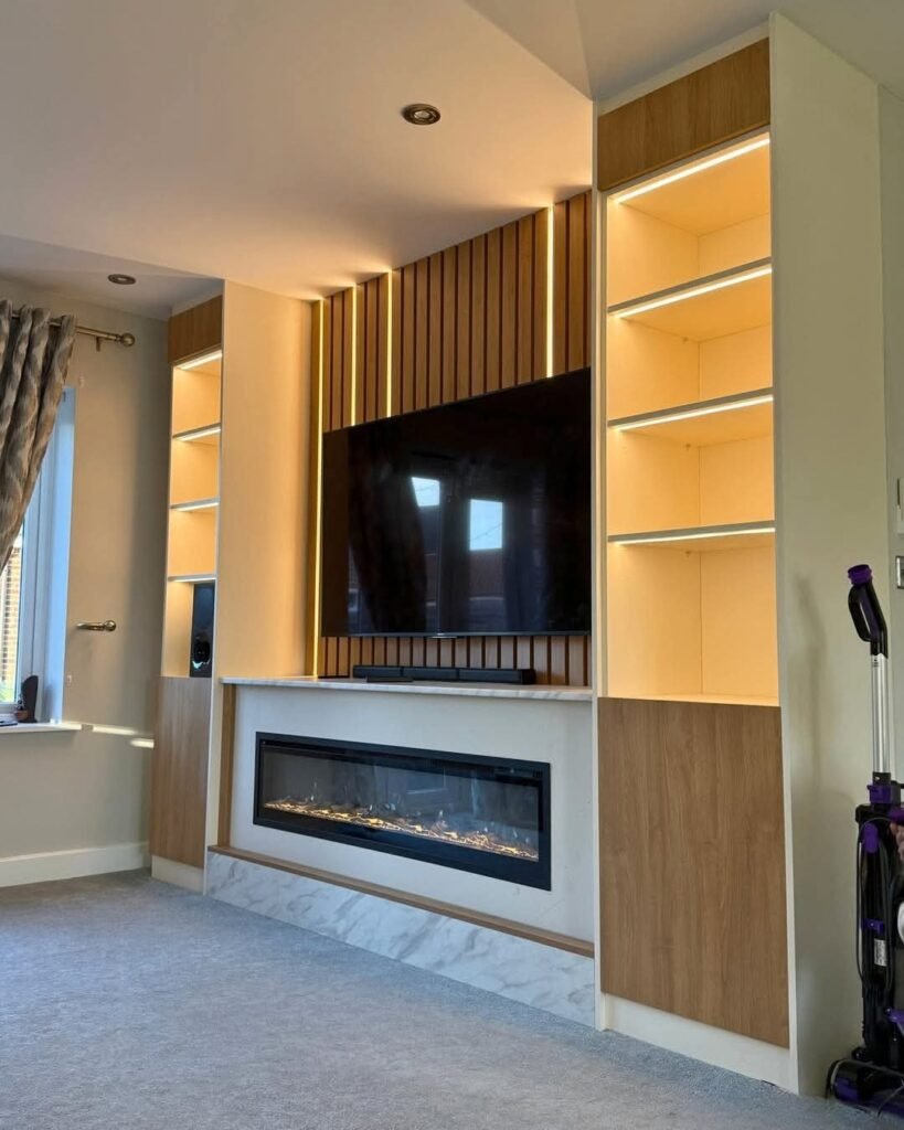 Small Living Room Cabinet with Slatted Wall and Two Tone Console
