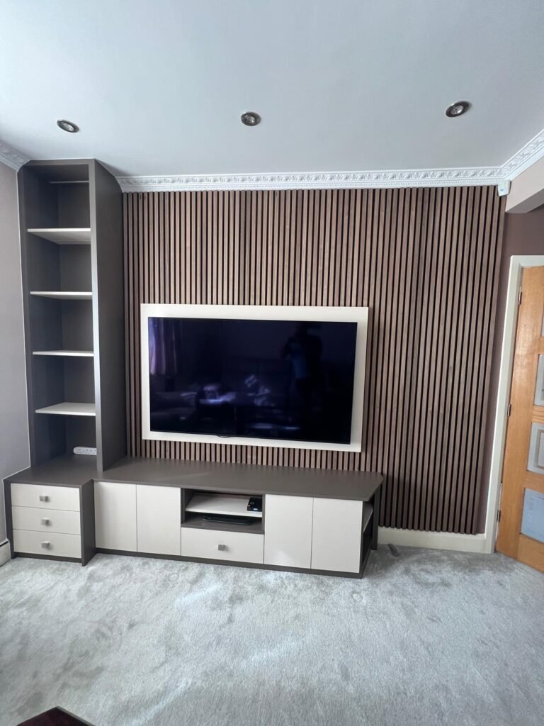 Small Living Room Storage Cabinet with Floating Black Console and Slatted Wall
