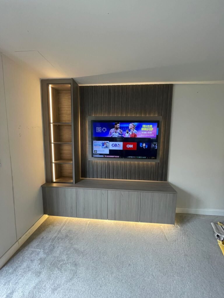 Small Living Room Storage Cabinet with Grooved Panels and Media Console