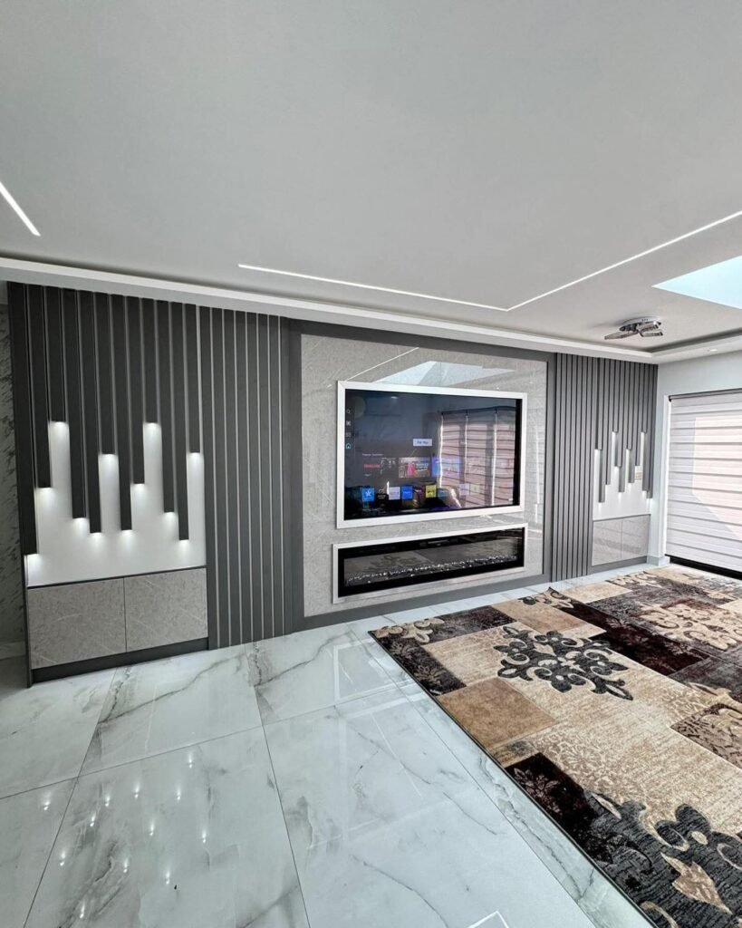 Vertical Slat Wall with Fireplace and Tall Cupboards