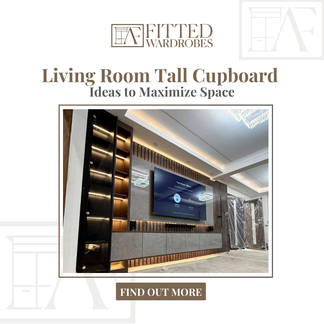 Modern living room featuring a fitted tall cupboard with illuminated shelves, integrated into a sleek media wall unit with wood paneling and ambient lighting.